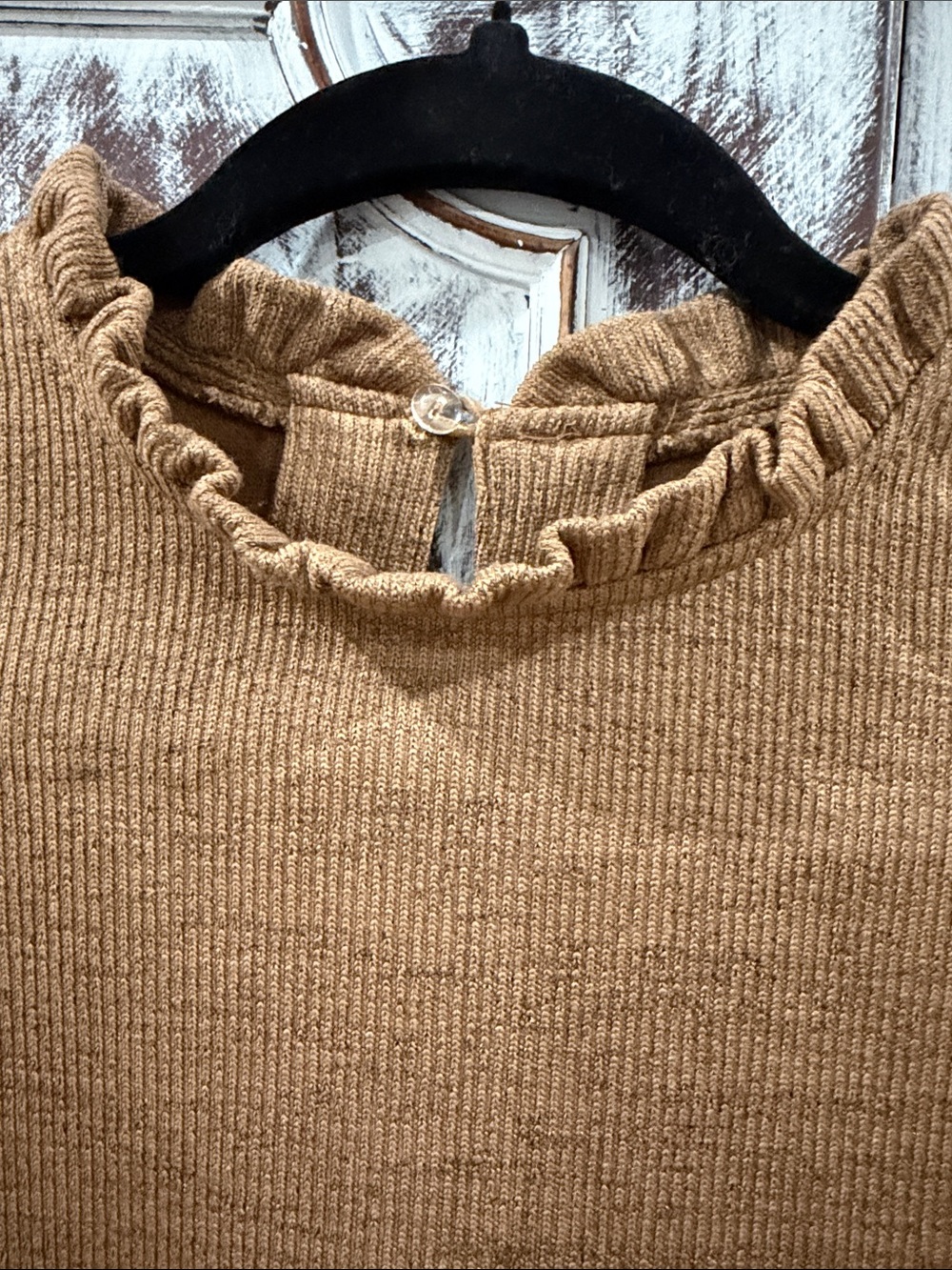 THML Camel Puff Sleeve Ruffle Neck Knit Top - Picture 3 of 4